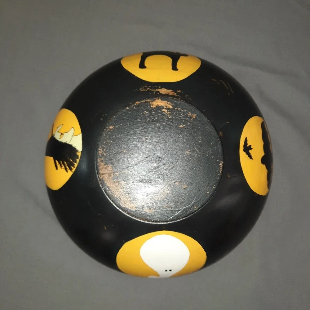 Halloween Hand Painted Wood Bowl Jack O Lantern Witch Black Cat Primitive Rustic